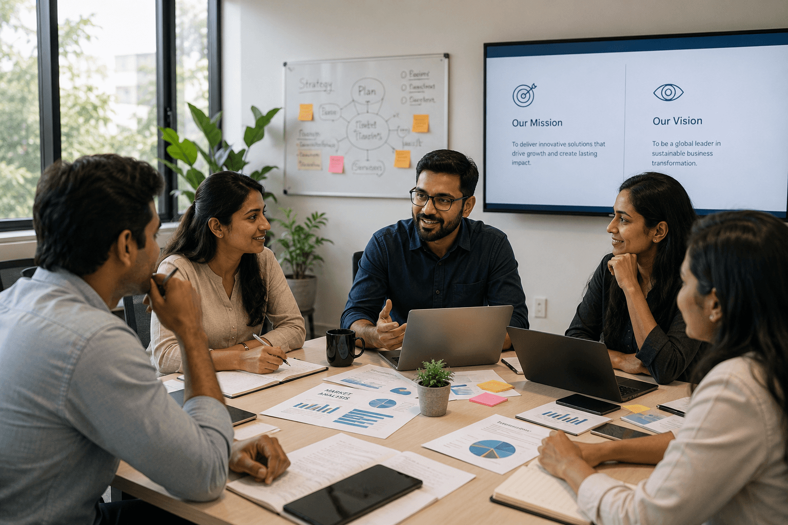 A team collaborating in a modern meeting room