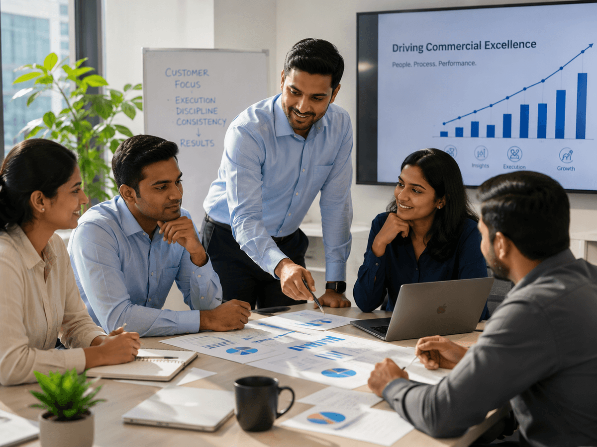 Illustration of a team working together to achieve commercial excellence
