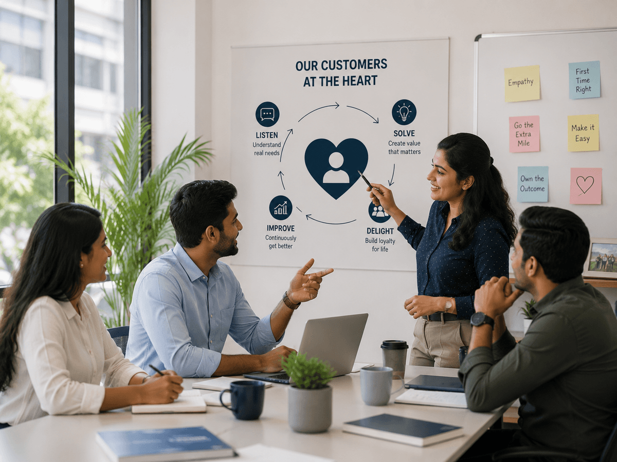 Illustration of a team working together to achieve customer obsession
