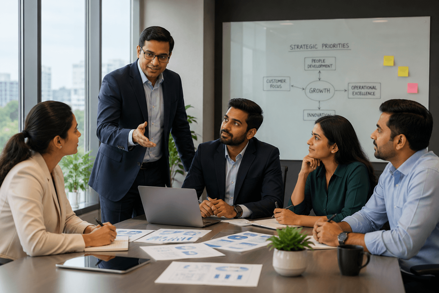 Business leaders in discussion during a strategy meeting
